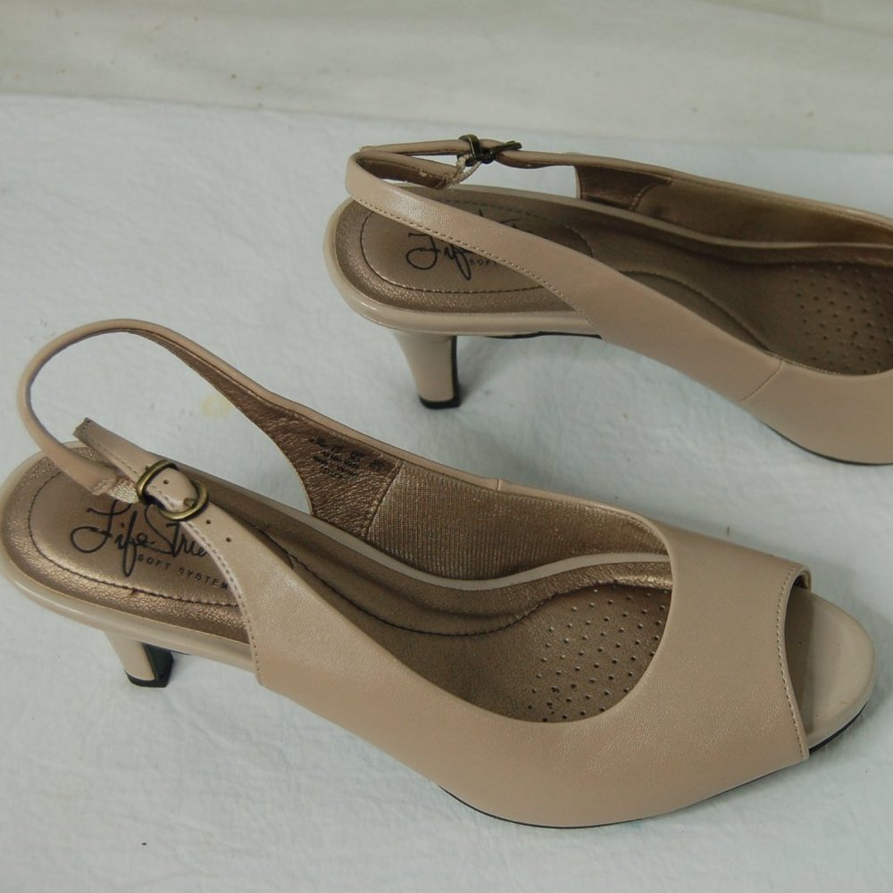 Life-Stride Women's Shoes Heels Tan size 8 1/2, Peep Toe, Sling Back Teller